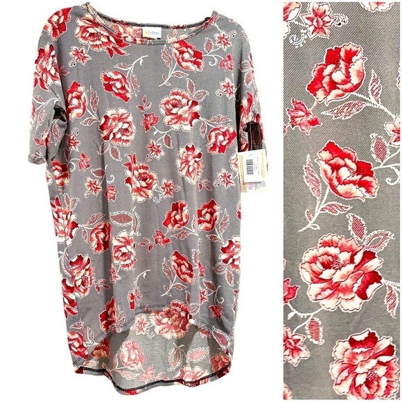 LulaRoe Irma Black Gray Stripes Pink Red Roses Floral Tunic High Low XXS-XS 00-0 - Picture 1 of 16